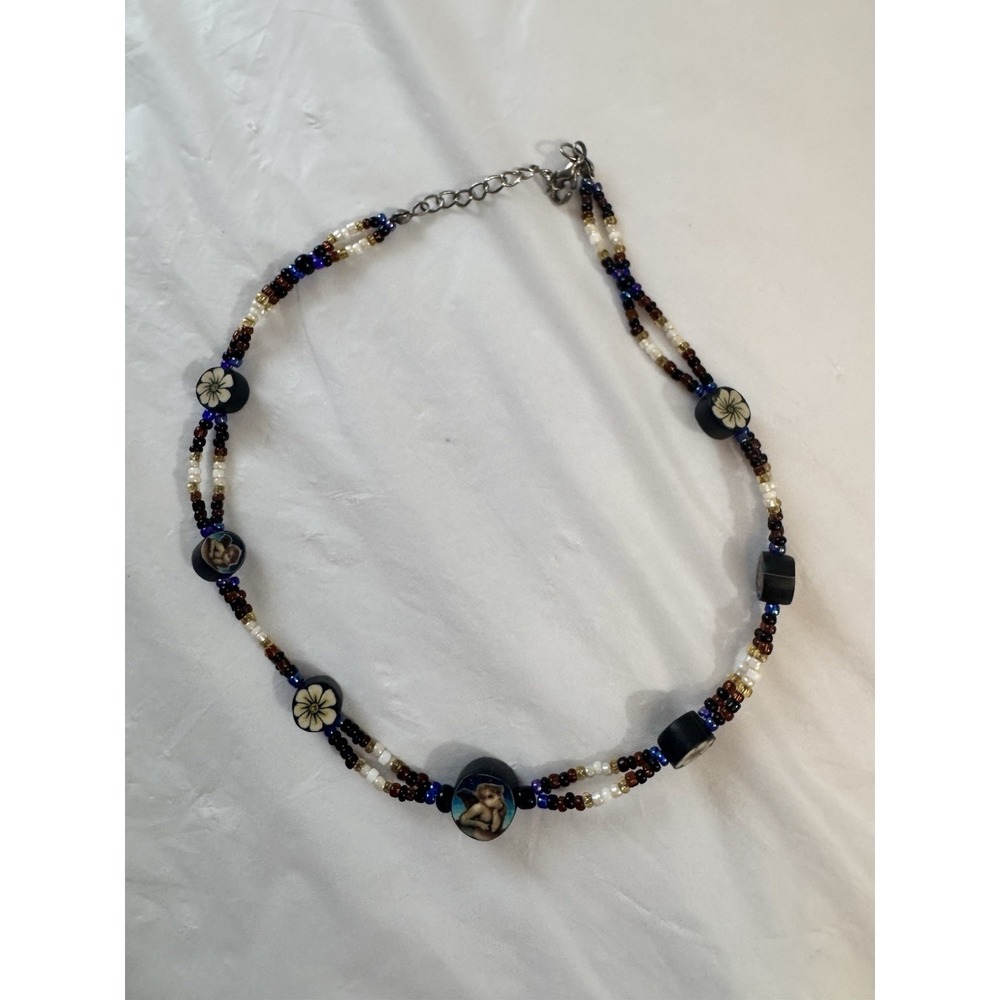 Vintage Y2K Choker Necklace Beaded Cherub Flower Beads 14" Handmade